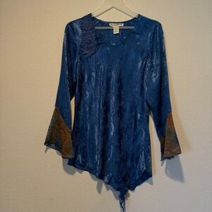 Seventh Avenue Womens Royal Blue Floral‎ Jacquard Beaded Lace Sharkbite Tunic M